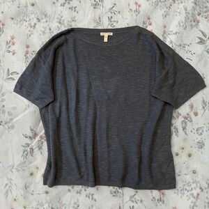 Eileen Fisher Organic Linen Cotton Knit Blue Gray Top Bateau Slub Short Sleeve
